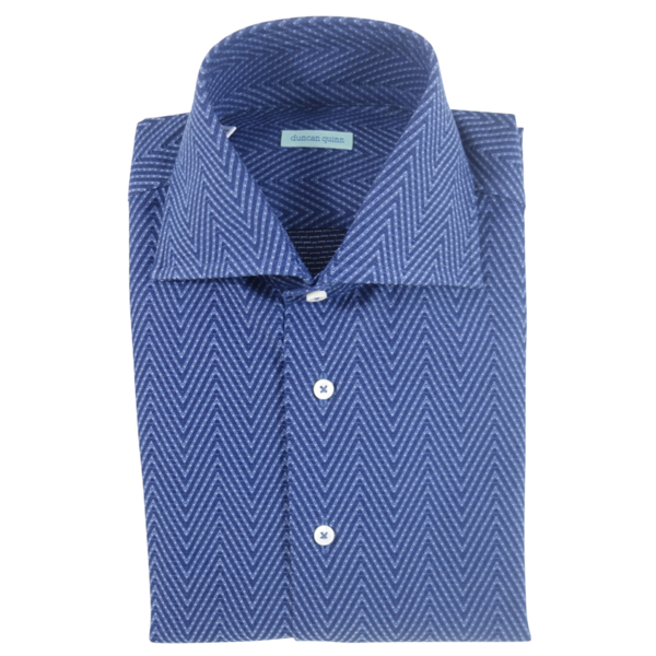 blue herringbone dress shirt THOMAS - Dark Blue Herringbone Club Collar Shirt
